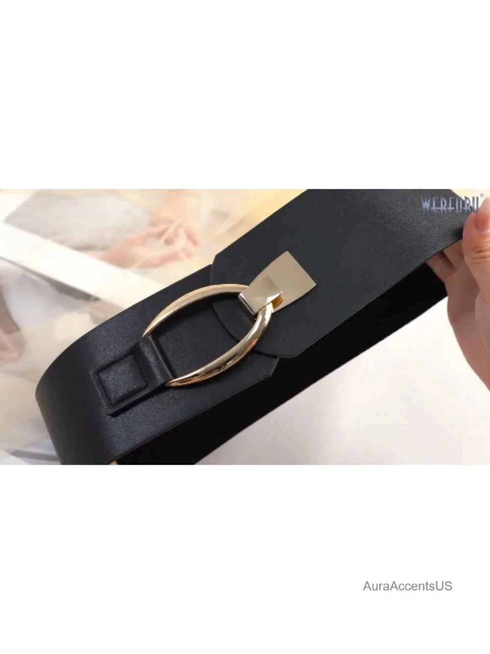 Women Wide Faux Leather Elastic Belt with Gold Buckle for Dresses